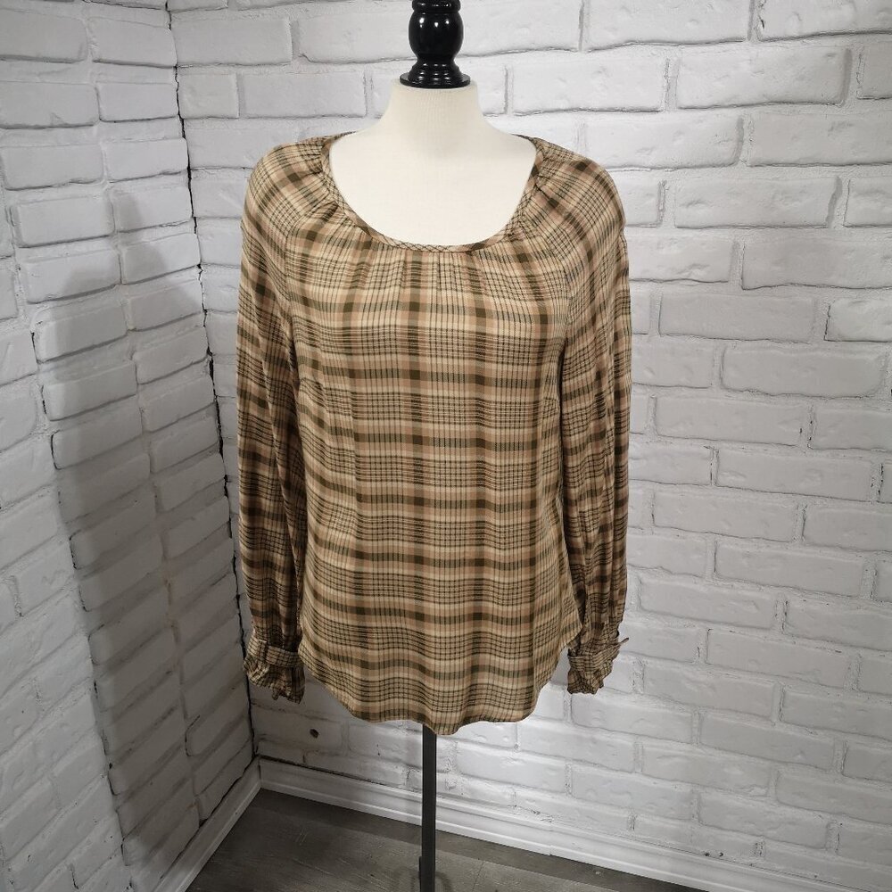 RW&CO Ladies Size Medium Tan Brown Grey & Beige Plaid Long Sleeves Blouse